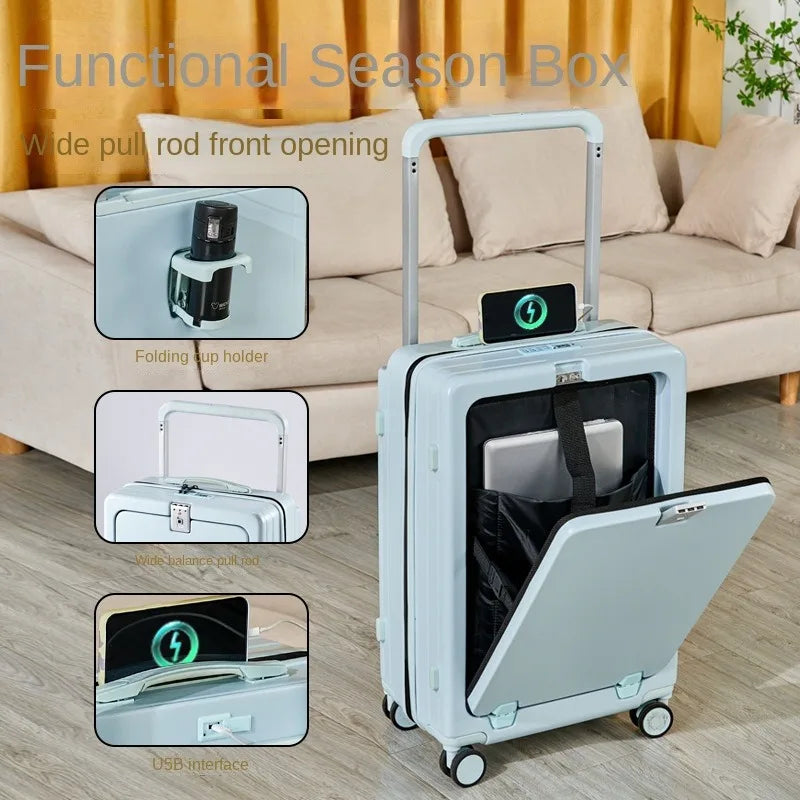 KO-KU Multifunctional Suitcase Pop-up Front Opening Wide Trolley Case 20Inch Boarding Box with USB Port Water Cup Holder Luggage